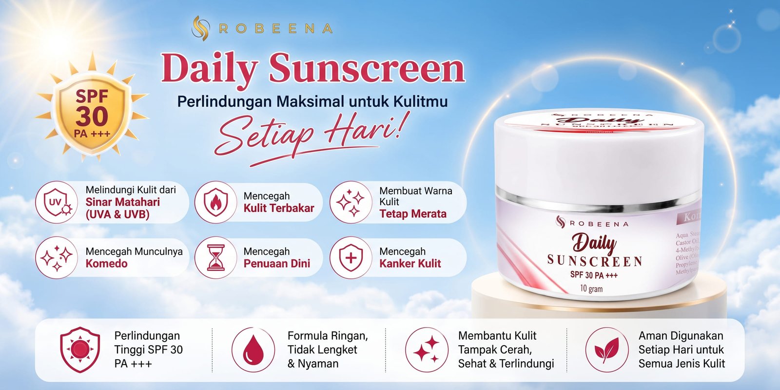 Robeena Daily Sunscreen SPF 30 PA+++, perlindungan harian untuk kulit.